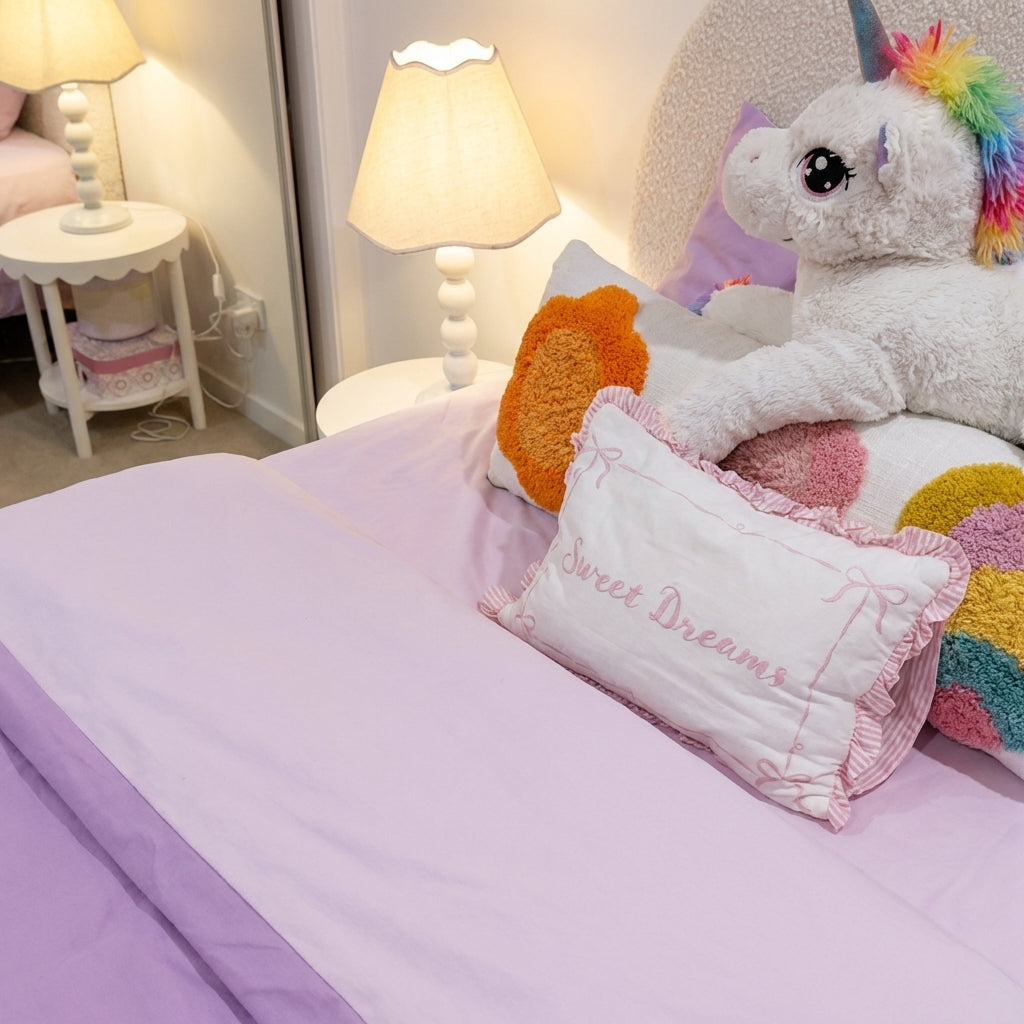 Children's bedroom with a bed featuring a unicorn plush toy and 'Sweet Dreams' pillow.