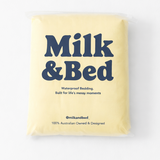 Yellow package with 'Milk & Bed' text on a white background