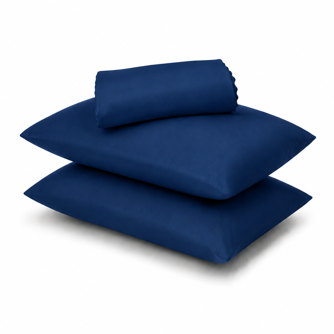 A stack of three navy blue pillowcases on a clean white background.