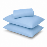 A stack of three light blue pillowcases on a clean white background.