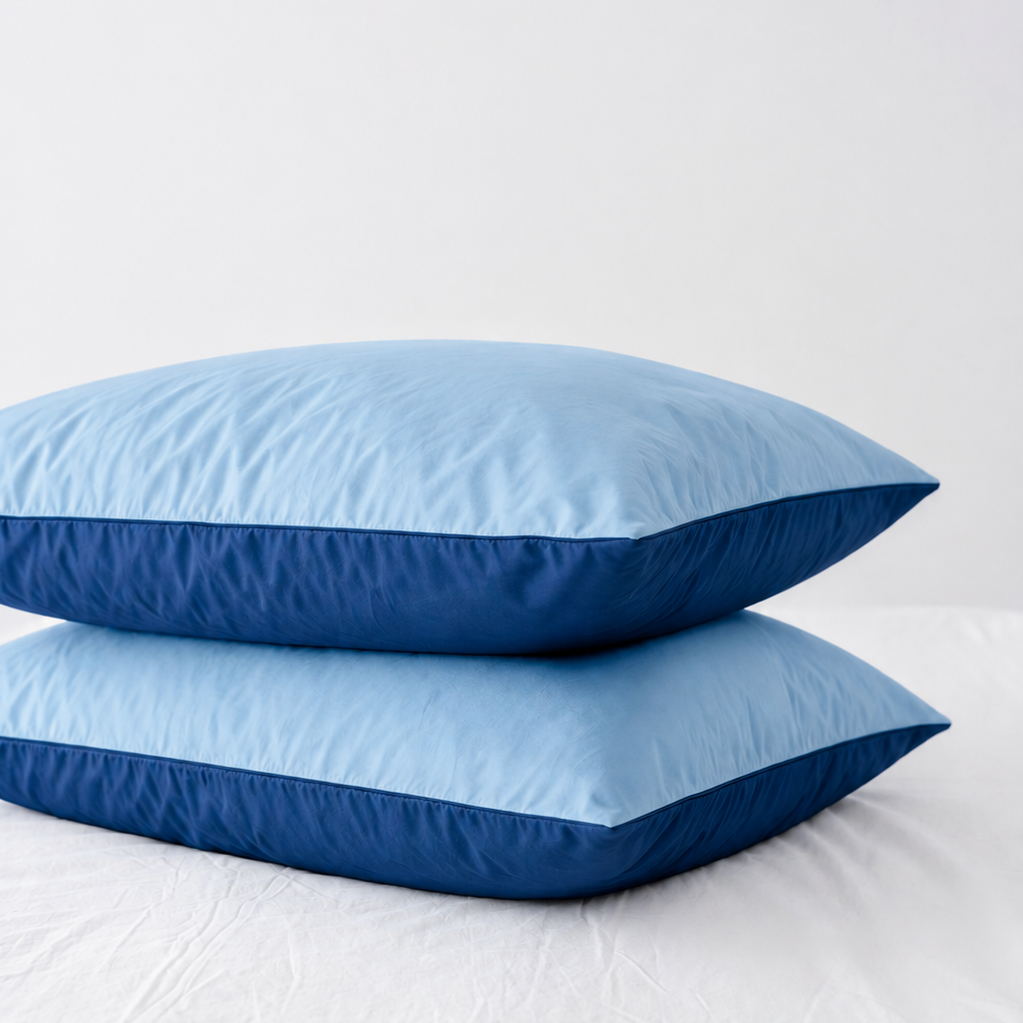 Two stacked pillowcases in a two-tone blue design, featuring a light blue top half and a dark navy blue bottom half, displayed on a white bed sheet against a light gray background.