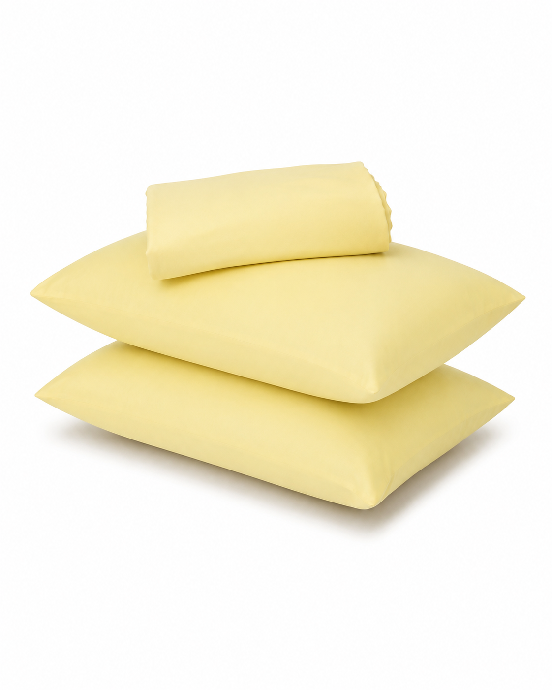 Three light yellow pillows, including two flat square pillows and one rolled pillowcase, stacked on a white background.
