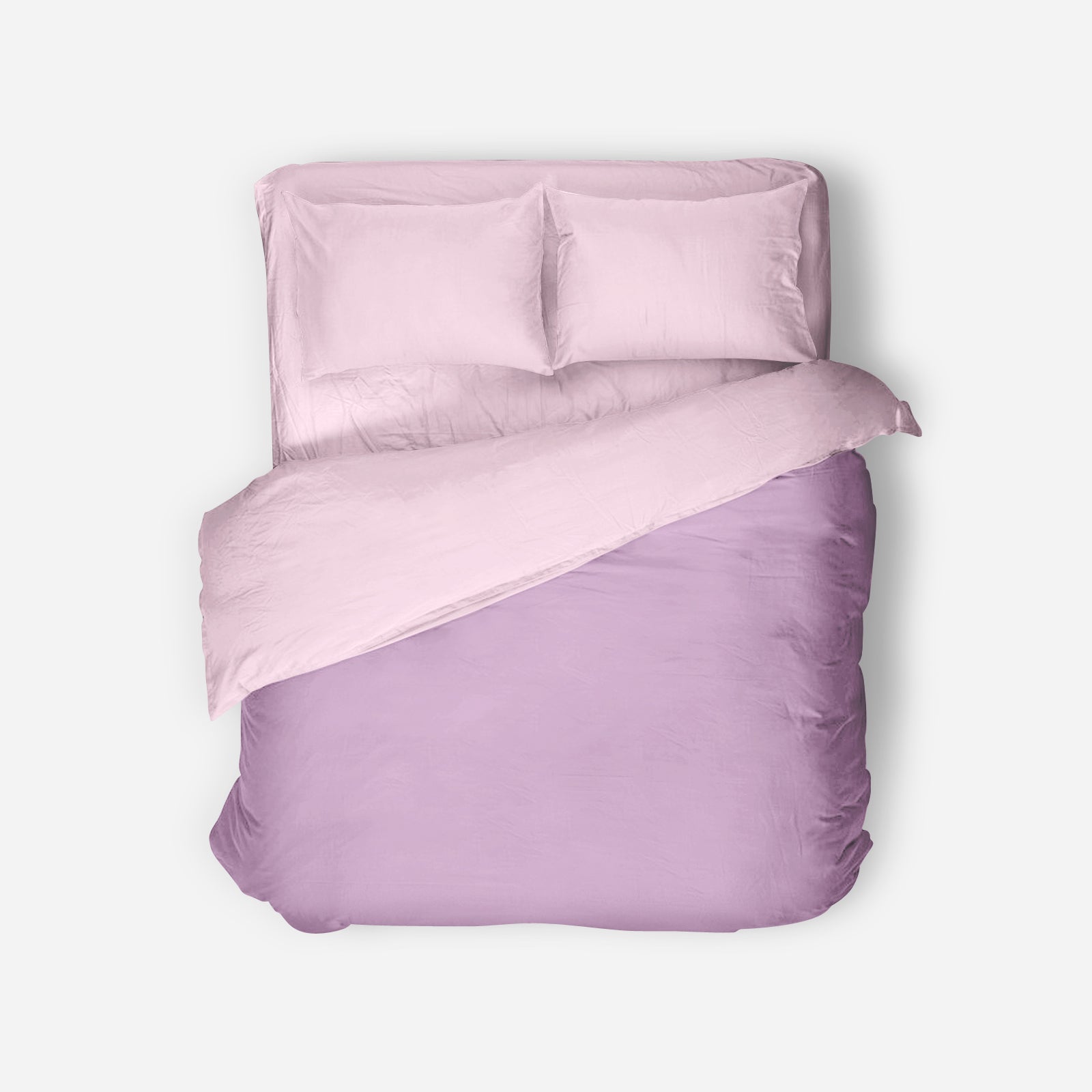 Purple bedding set with two pillows on a light gray background