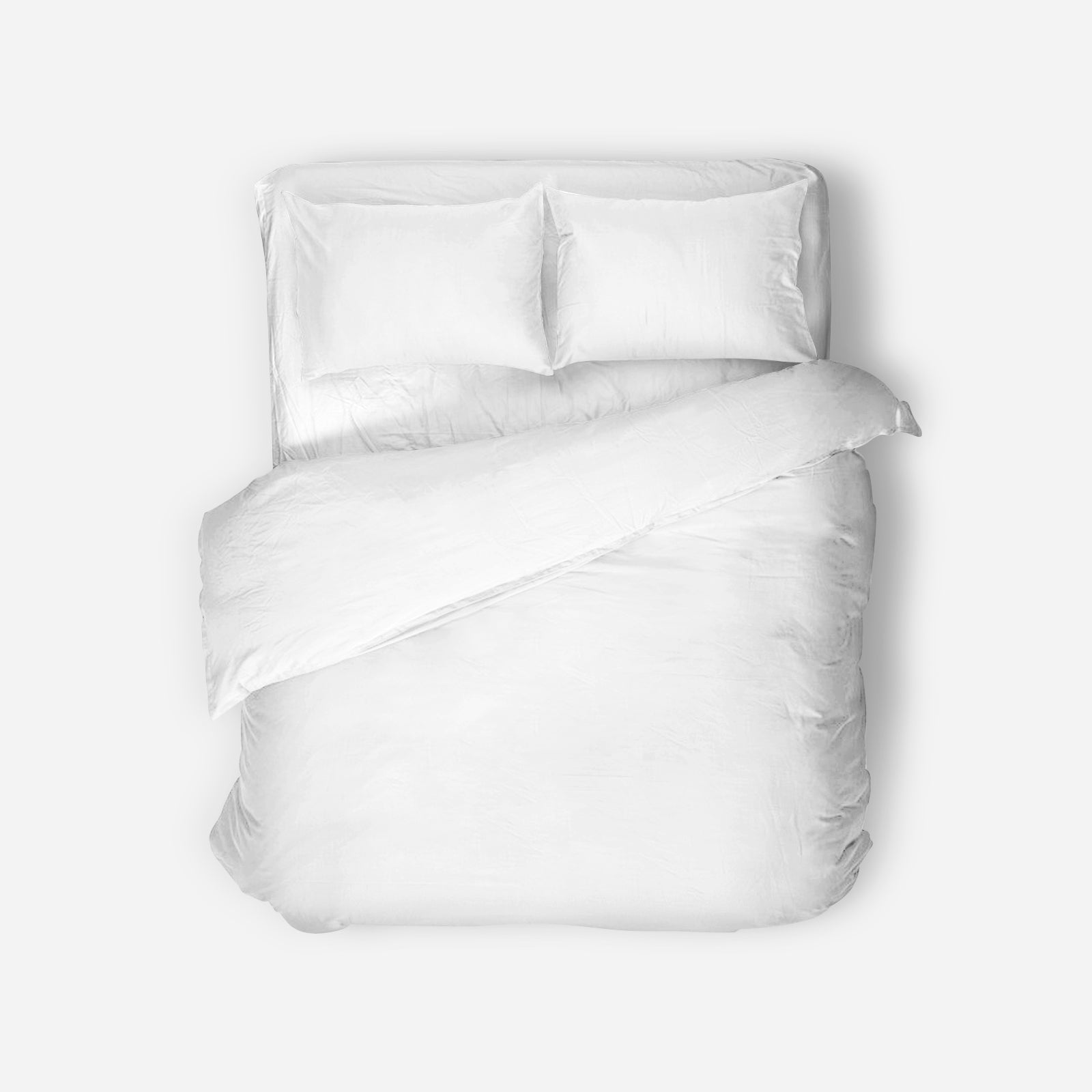 White bedding set with duvet and pillows on a light gray background