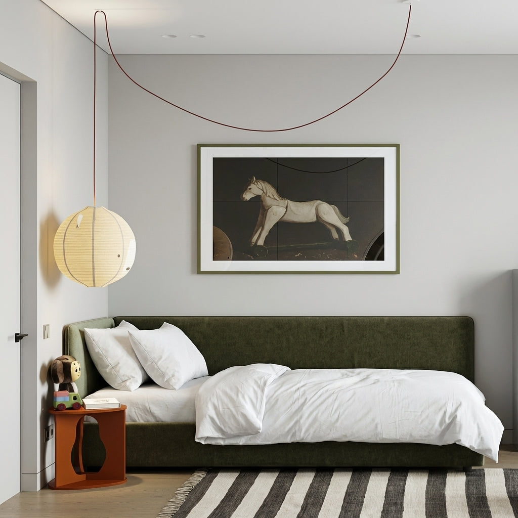 Modern bedroom with green bed, white bedding, and a horse painting on the wall.